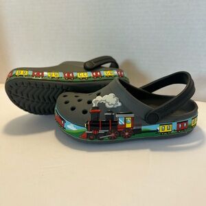 CROCS Kids Black Clogs with Colorful Train Graphic